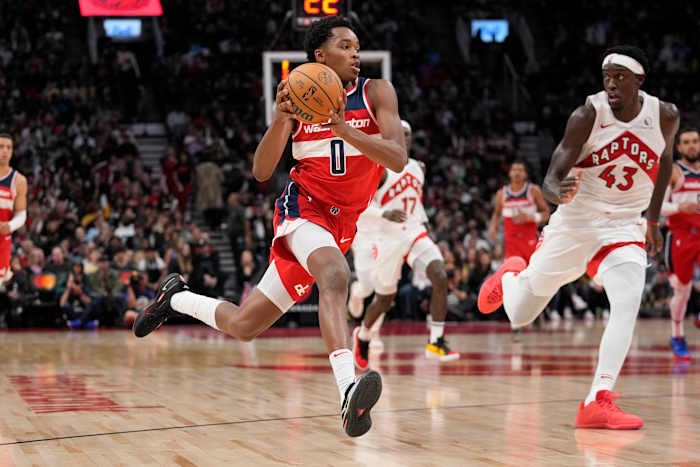 Washington Wizards guard Bilal Coulibaly (0) drives to the net against Toronto Raptors forward Pascal Siakam (43) during the second half at Scotiabank Arena.